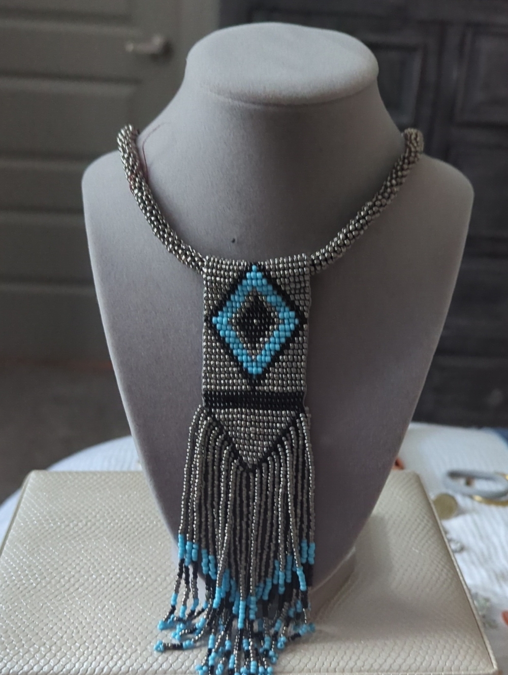 Handcrafted Black and Turquoise Beaded Fringe Necklace